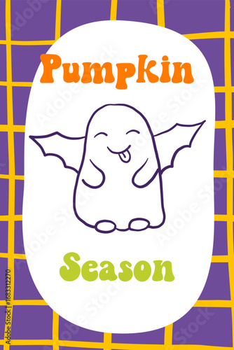 Festive cards with doodle ghosts vector icons set for Halloween. Cute childish characters with pumpkin, bat, spider, web, wings, Smiling kids elements for print and nursery decor