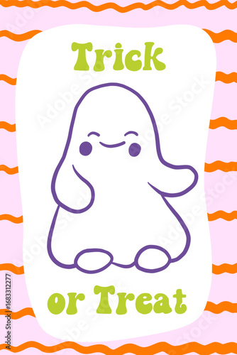 Festive cards with doodle ghosts vector icons set for Halloween. Cute childish characters with pumpkin, bat, spider, web, wings, Smiling kids elements for print and nursery decor