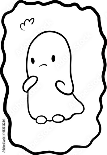 Festive cards with doodle ghosts vector icons set for Halloween. Cute childish characters with pumpkin, bat, spider, web, wings, Smiling kids elements for print and nursery decor