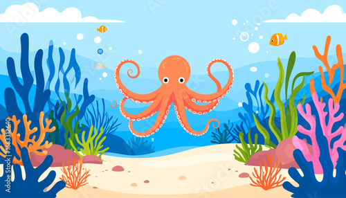 Friendly Orange Octopus in Underwater Scene.