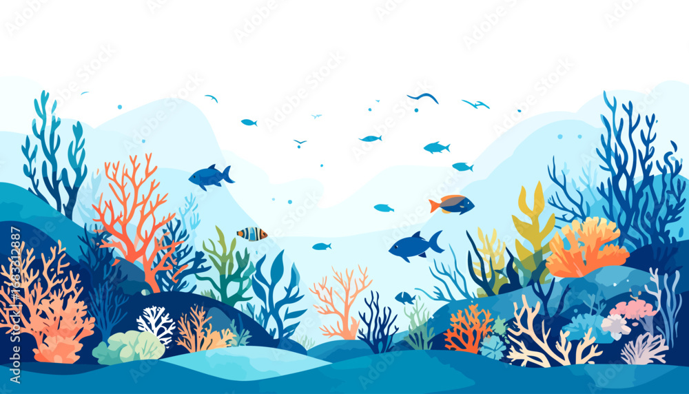 Fototapeta premium Vibrant Underwater Coral Reef with Colorful Fish and Sea Plants.