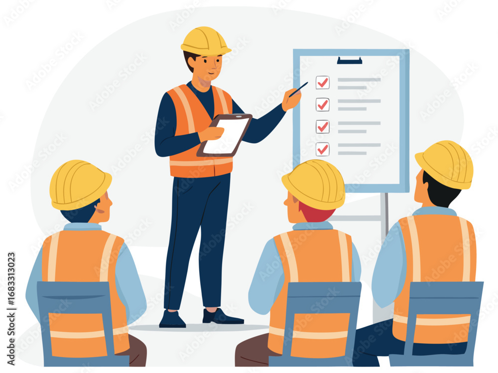 “Construction Workers Safety Training Illustration – Workplace Safety, Engineering Team Meeting, Occupational Health Checklist in Flat Vector Style” “Construction Workers Safety Training Illustration – Workplace Safety, Engineering Team Meeting, Occupational Health Checklist in Flat Vector Style”