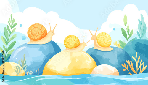 Three Cute Snails on Rocks Near Calm Water.