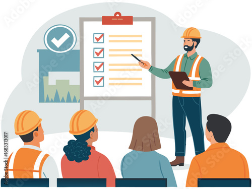 “Construction Workers Safety Training Illustration – Workplace Safety, Engineering Team Meeting, Occupational Health Checklist in Flat Vector Style”