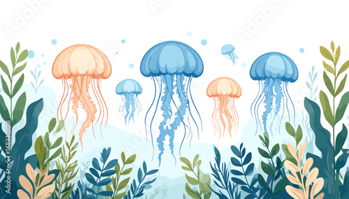 Watercolor Jellyfish swimming in the ocean with plants.