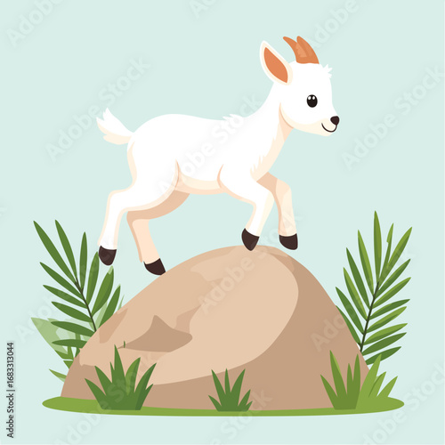Playful White Goat Kid in Lively Pose.