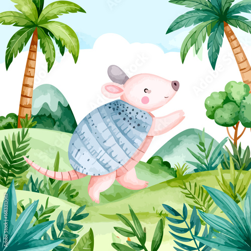 Cute pink armadillo with shell running in jungle environment.