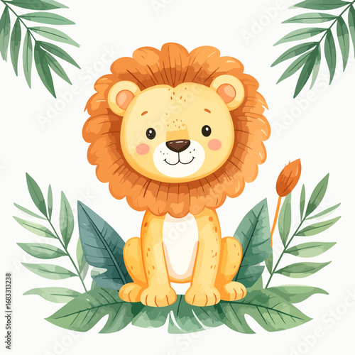 Adorable Cartoon Lion Cub Sitting Among Green Leaves.