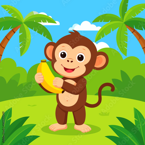 Cute cartoon monkey holding a ripe banana in a jungle setting.