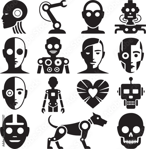 Robot and cyborg head icons with mechanical dog and heart android artificial intelligence
