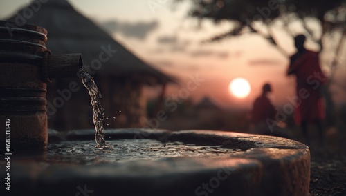 Water flows from a traditional well at sunset
