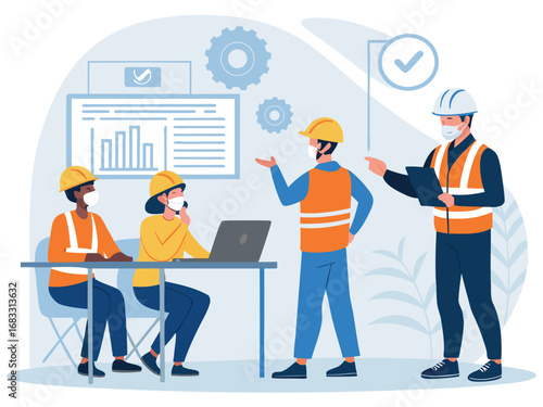 “Construction Workers Safety Training Illustration – Workplace Safety, Engineering Team Meeting, Occupational Health Checklist in Flat Vector Style”