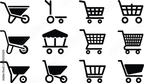 Collection of various shopping carts and trolleys in a clean graphic design
