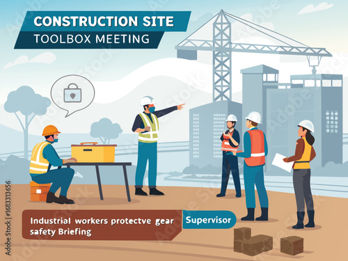 “Construction Workers Safety Training Illustration – Workplace Safety, Engineering Team Meeting, Occupational Health Checklist in Flat Vector Style”