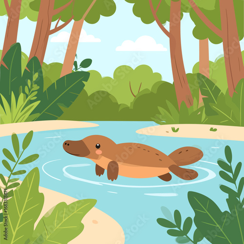 Closeup of a swimming platypus in water.