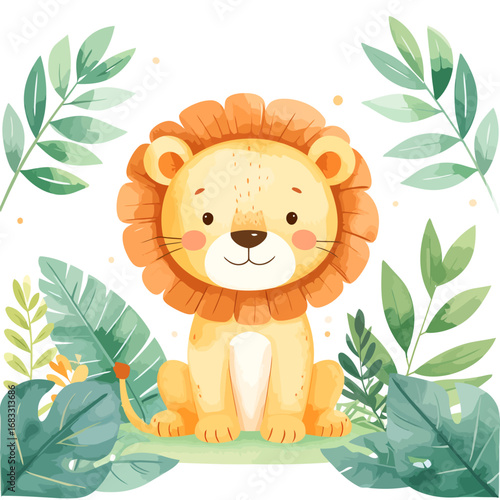 Adorable watercolor lion cub with fluffy mane and friendly expression.