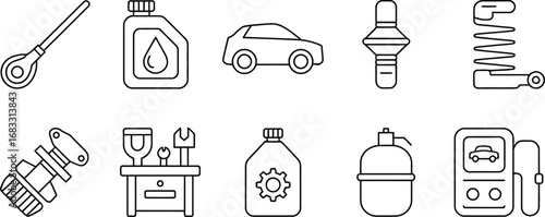 Collection of hand drawn automotive service and repair icons in a simple line art style