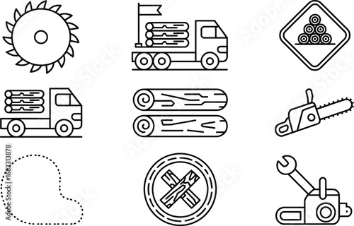 Woodworking and logging industry icons set featuring saw truck logs and tools