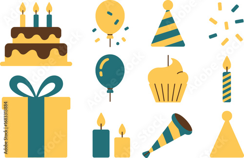 Collection of colorful birthday party elements including cake balloons and gifts
