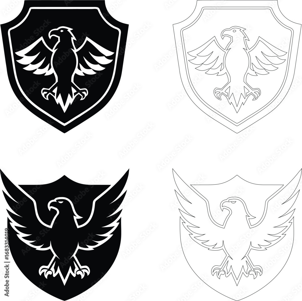 Fototapeta premium Silhouette of an eagle in shield emblem, flat bold black vector design