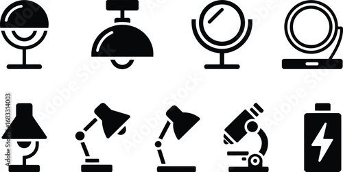 Collection of eight black and white icons representing various objects and devices