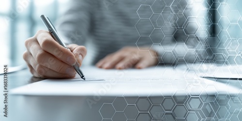 Person signing documents at a desk.  Blurred background with a hexagonal pattern