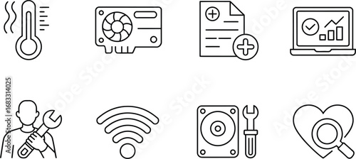 Collection of hand drawn icons representing technology health and diagnostics