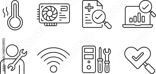 Hand drawn icons representing computer repair and diagnostics with technology and health themes