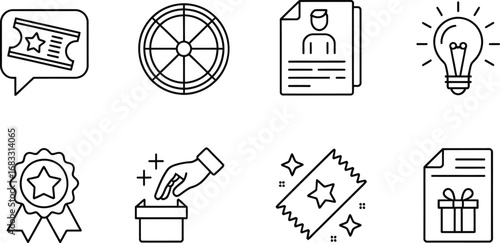 Collection of eight hand drawn outline icons representing lottery and winning concepts