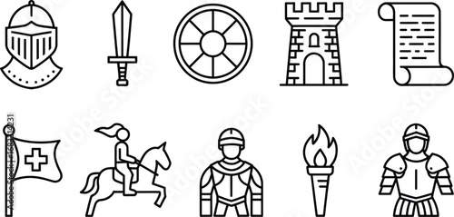 Collection of medieval knight and castle icons with sword shield and flag