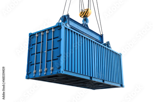 A blue shipping container is suspended from a crane