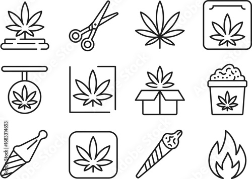 Collection of cannabis related icons in a simple line art style