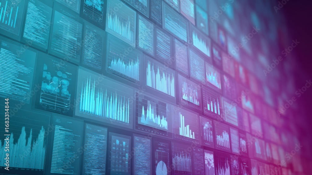 Fototapeta premium Colorful graphs and charts present data analytics in a modern workspace, emphasizing trends and insights in a digital format during daytime.