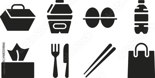 Collection of grocery and food icons representing takeout and dining essentials
