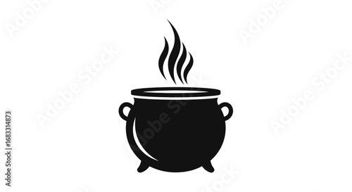 A black silhouette of a cauldron with handles, emitting a plume of stylized smoke or steam from its opening, set against a white background.