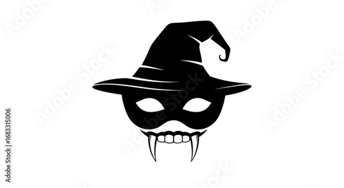 Mysterious black masquerade mask and witch's hat, Halloween symbol.