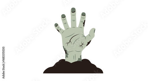 A zombie hand emerging from the ground, a graphic illustration of a macabre scene.