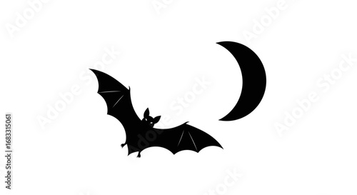 Silhouette of a bat flying near a crescent moon at night.