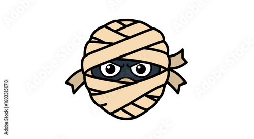 A cartoon mummy head with dark eyes and wrapped bandages, looking forward.