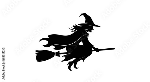 Silhouette of a witch flying sideways on a broomstick, wearing a hat and cloak.