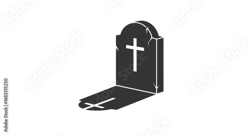 A simple graphic illustration of a tombstone with a cross, casting a shadow on a white background.