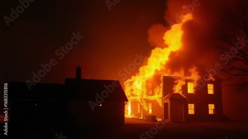 Wallpaper Mural House is engulfed in flames at night during the disastrous, Huge fire blazing in residential building. Torontodigital.ca