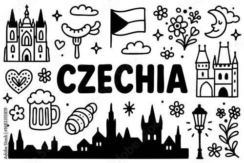 Czechia doodle compilation: Prague Castle, Charles Bridge, flag, beer, trdelnik, flowers, and folk ornaments.