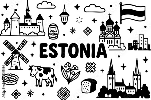 Estonia doodle compilation: Tallinn Old Town, Alexander Nevsky Cathedral, medieval towers, windmill, bread, fish, national flag, folk motifs, Vana Tallinn, and city skyline.