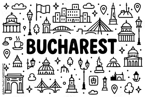 Bucharest doodle compilation: Palace of Parliament, Arcul de Triumf, Romanian Athenaeum, domes, bridges, skyline, statues, flag, and coffee.