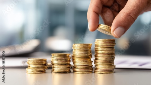 Hand placing a coin on a stack of coins