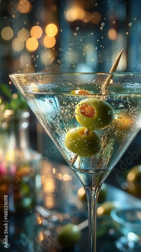 Close-up of a refreshing martini with olives, showcasing bubbles and vibrant colors.