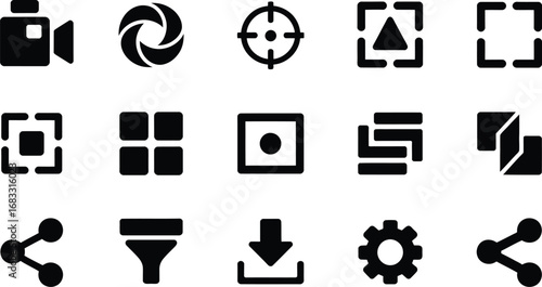 Collection of modern black and white flat design icons for video editing and multimedia applications