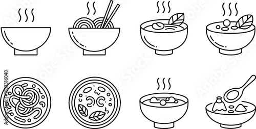 Collection of hand drawn food icons featuring soups noodles and pizza