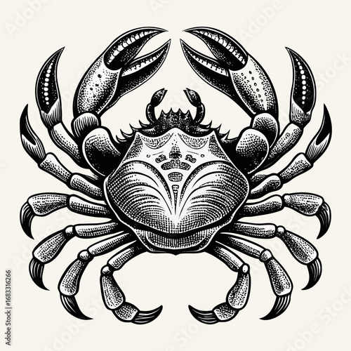 Detailed black and white illustration of a crab with claws raised